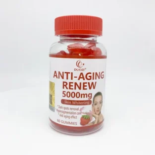 Bottle of anti-aging gummies designed for skin glow, hair growth, and nail strength.