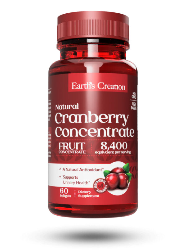 Concentrated cranberry softgels providing 4200 mg equivalent of fresh cranberry juice per serving for urinary tract health, without sugar or calories.