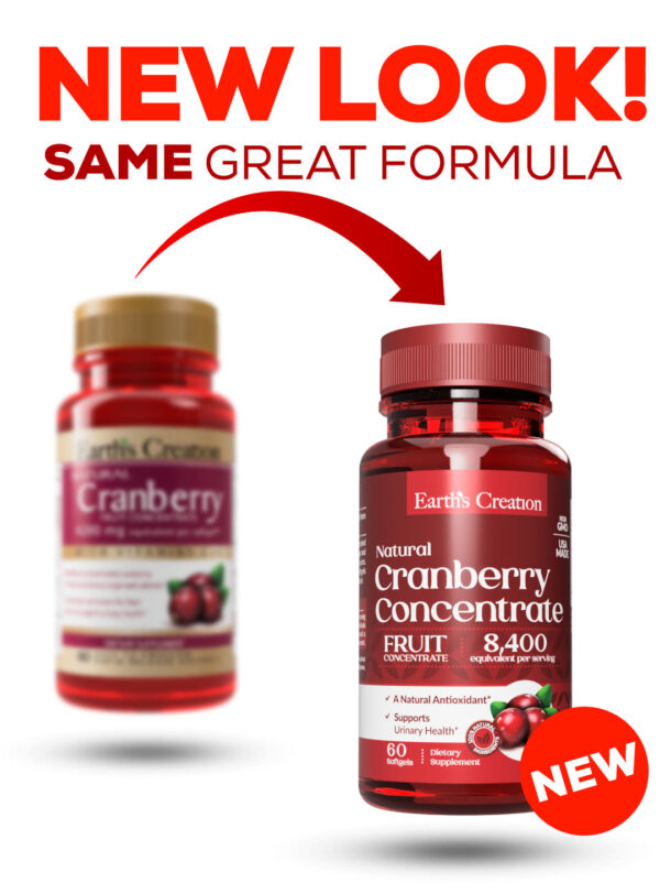 Concentrated cranberry softgels providing 4200 mg equivalent of fresh cranberry juice per serving for urinary tract health, without sugar or calories.