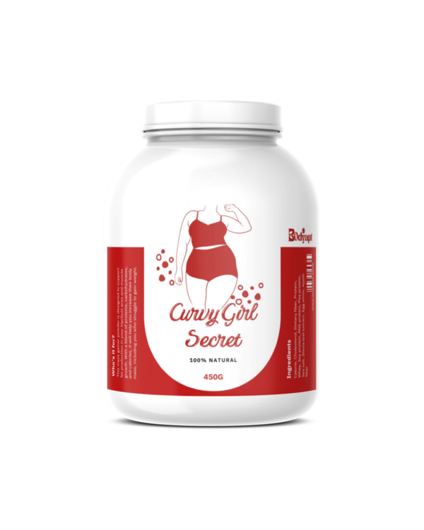 A jar of BODYAPT Lower Body Gains Powder, a nutritional formula designed to promote healthy weight gain focused on the hips, thighs, and butt, helping to achieve a curvier, fuller lower body.